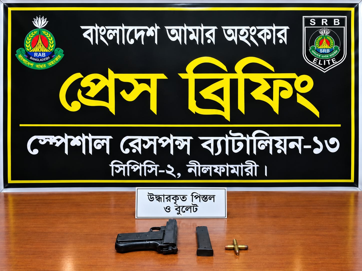 *দিনাজপুরে এসআরবি-১৩ এর অভিযানে পরিত্যক্ত অবস্থায় ম্যাগাজিনসহ একটি বিদেশী পিস্তল এবং চার রাউন্ড গুলি জব্দ।*